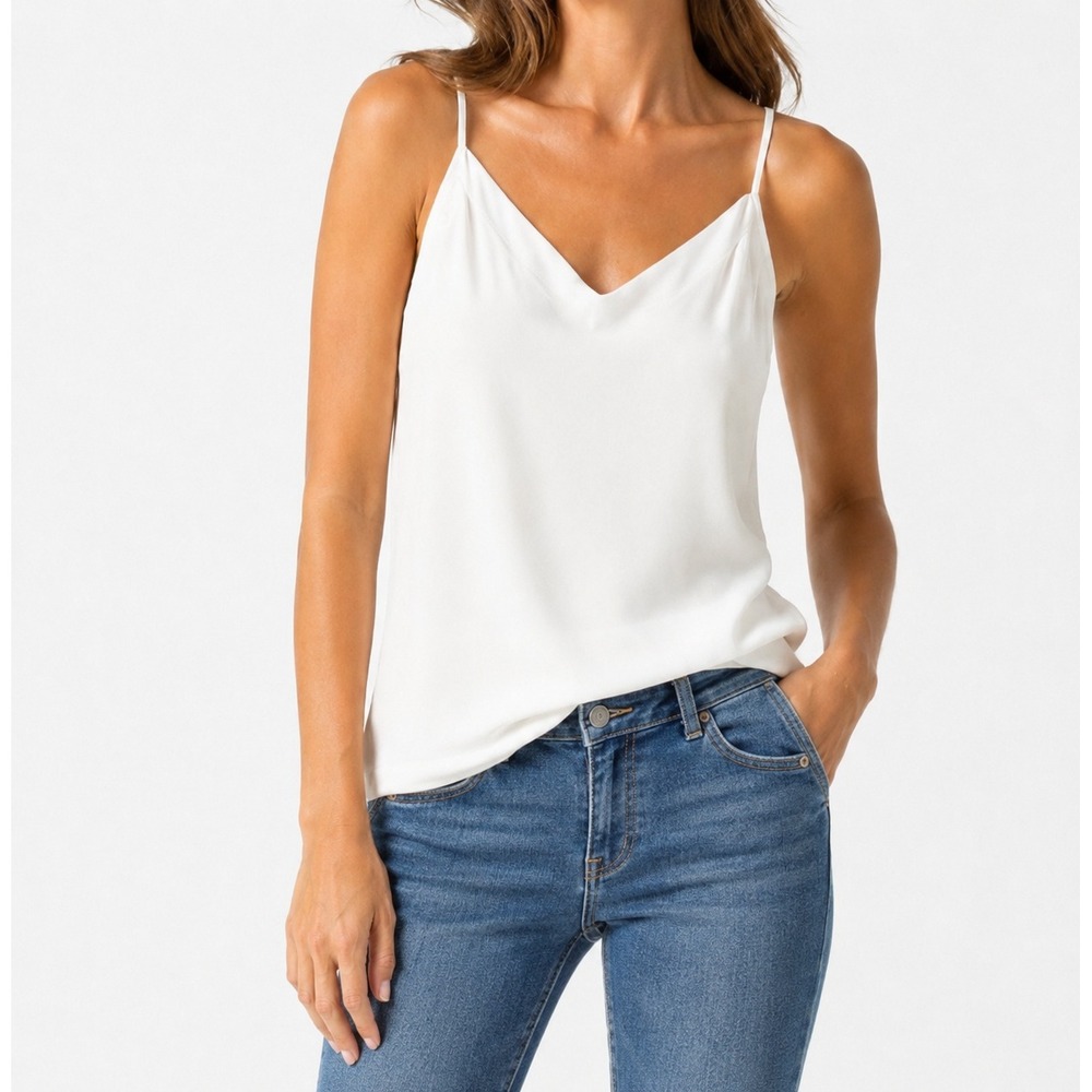 White House Black Market White V-Neck Double Layer Camisole Top Womens Size M